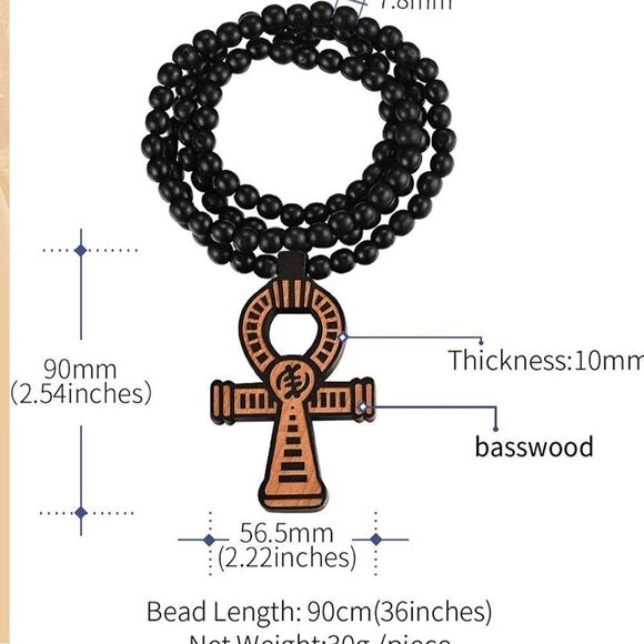 FaithHeart Egpytian Jewelry Eye of Horus Necklace, Wooden Beaded Sweater Chain V - Picture 3 of 5